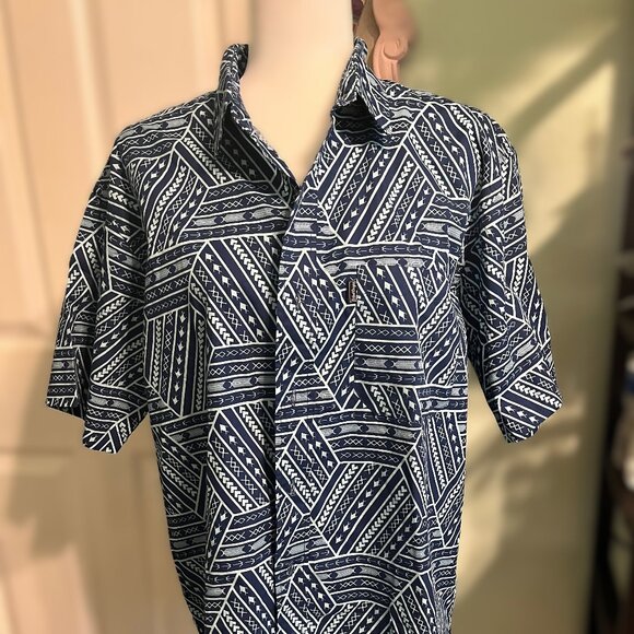 Tribal Origin Hawaiian Shirt Button-Up Short Sleeve Blue Tropical L - Picture 1 of 5